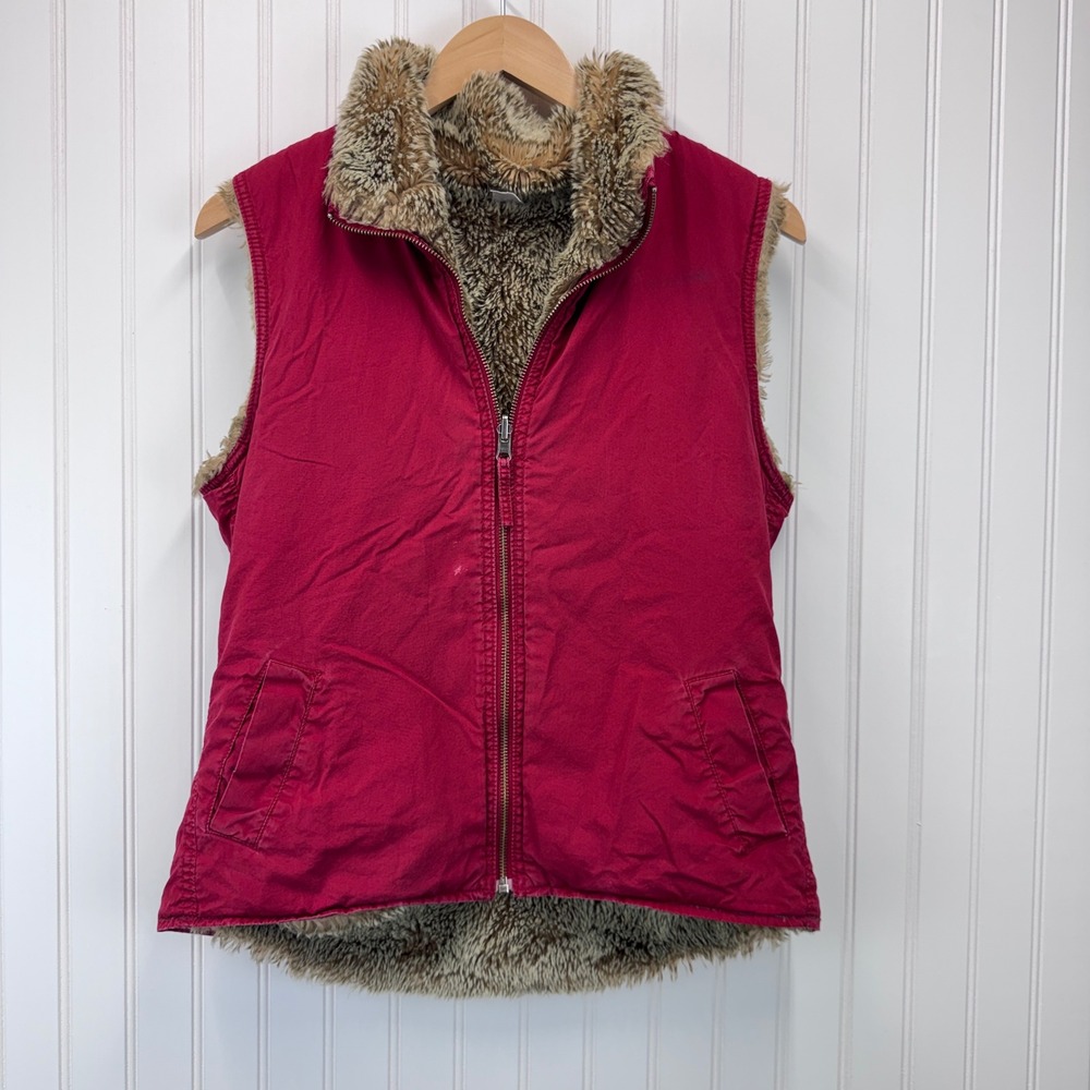 Gap Reversible Faux Fur Vest Womens S Red Brown Gorpcore Cabin Y2K Shaggy